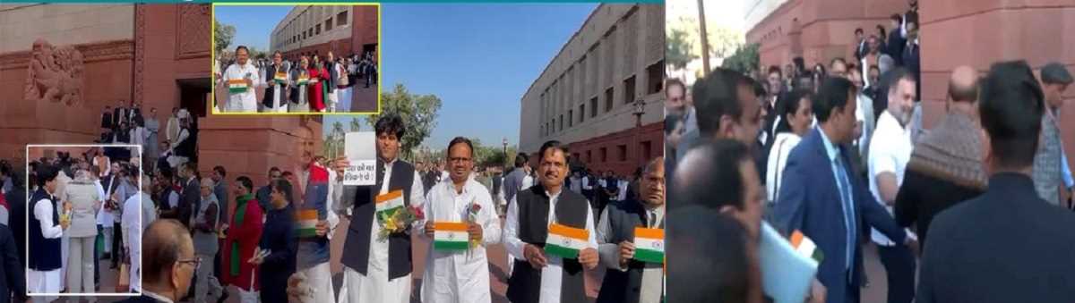 संसद में विपक्षी सांसदों का अनोखा प्रदर्शन, राहुल ने राजनाथ सिंह को दिया गुलाब और तिरंगा